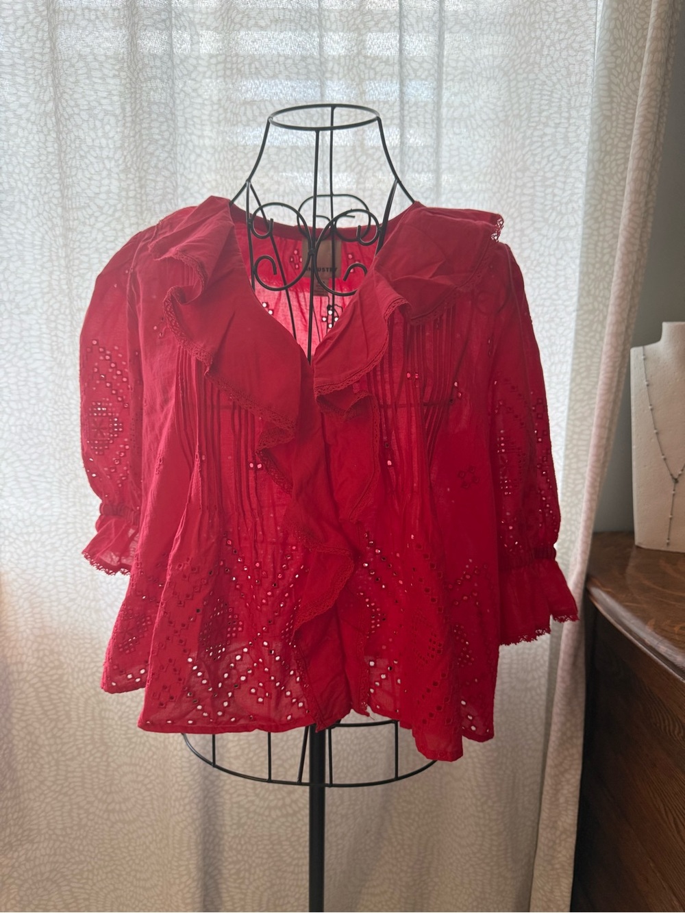 Red Ruffled Eyelet Women's Top, M, NWT
